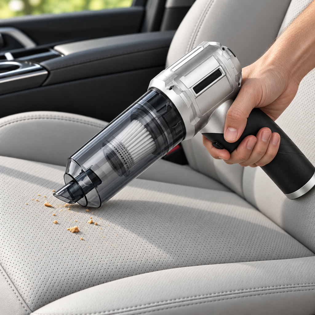 EasyVac con una mano y un antebrazo usándolo en el coche
