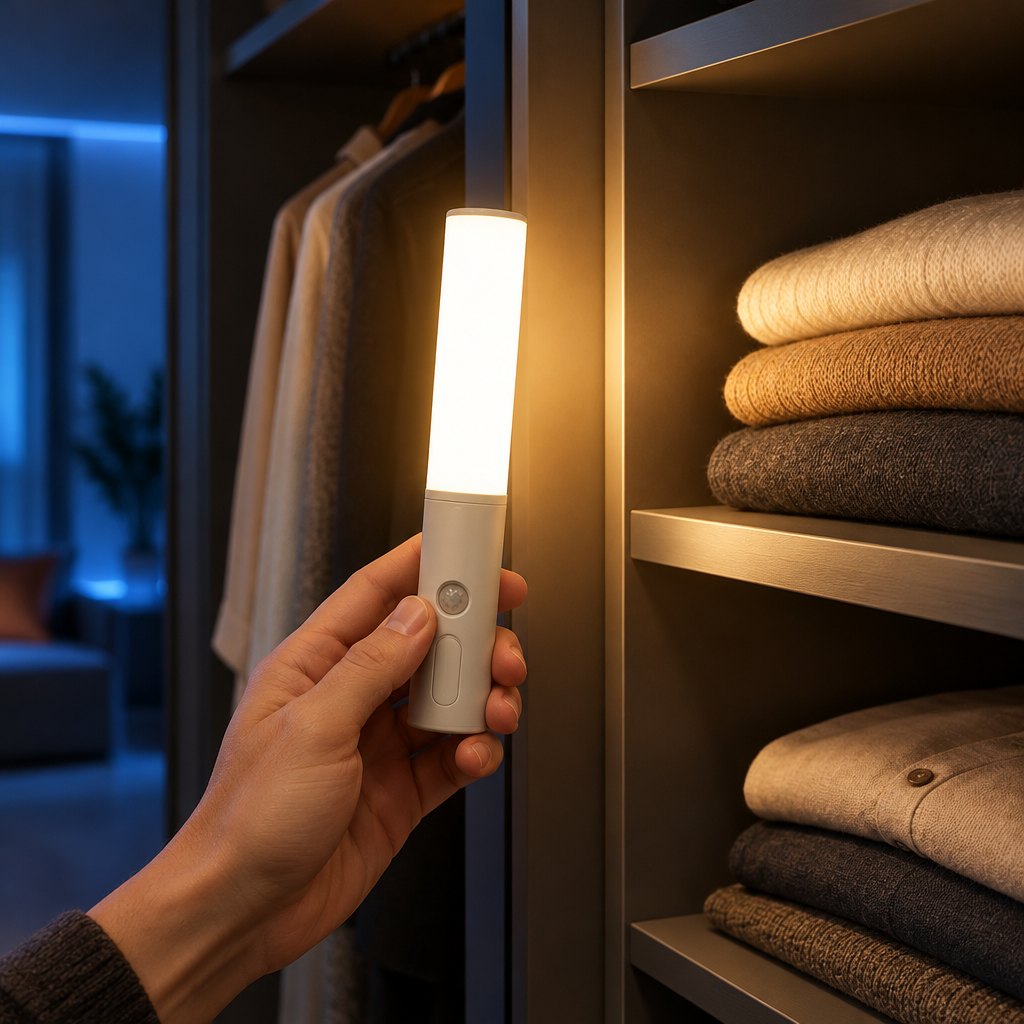 Uso portátil del EasyGlow 360 para iluminar un armario